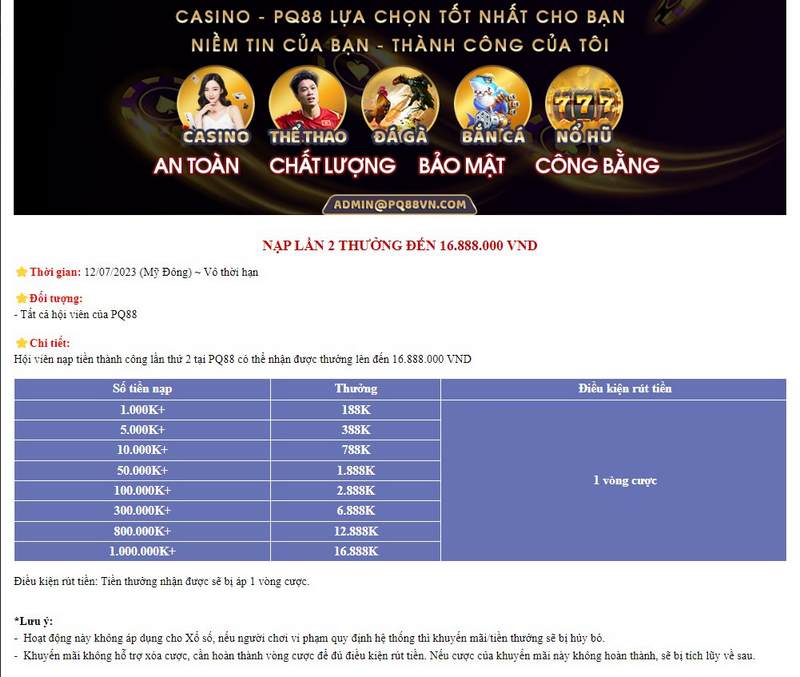 Tặng thưởng nạp lần 2 lên đến 16.888.000 VND