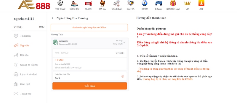 Nạp tiền AE888 qua ngân hàng siêu tiện lợi với vài bước