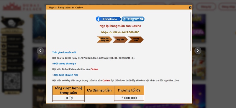 Khuyến mãi Dubai Palace nạp lại hàng tuần áp dụng cho sảnh casino