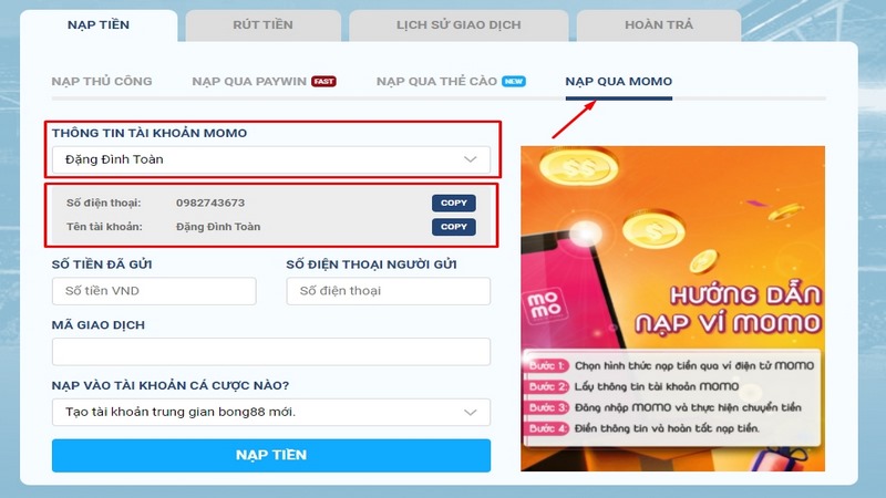 Nạp tiền 8LIVE nhanh và thuận lợi bằng ví điện tử với 5 bước